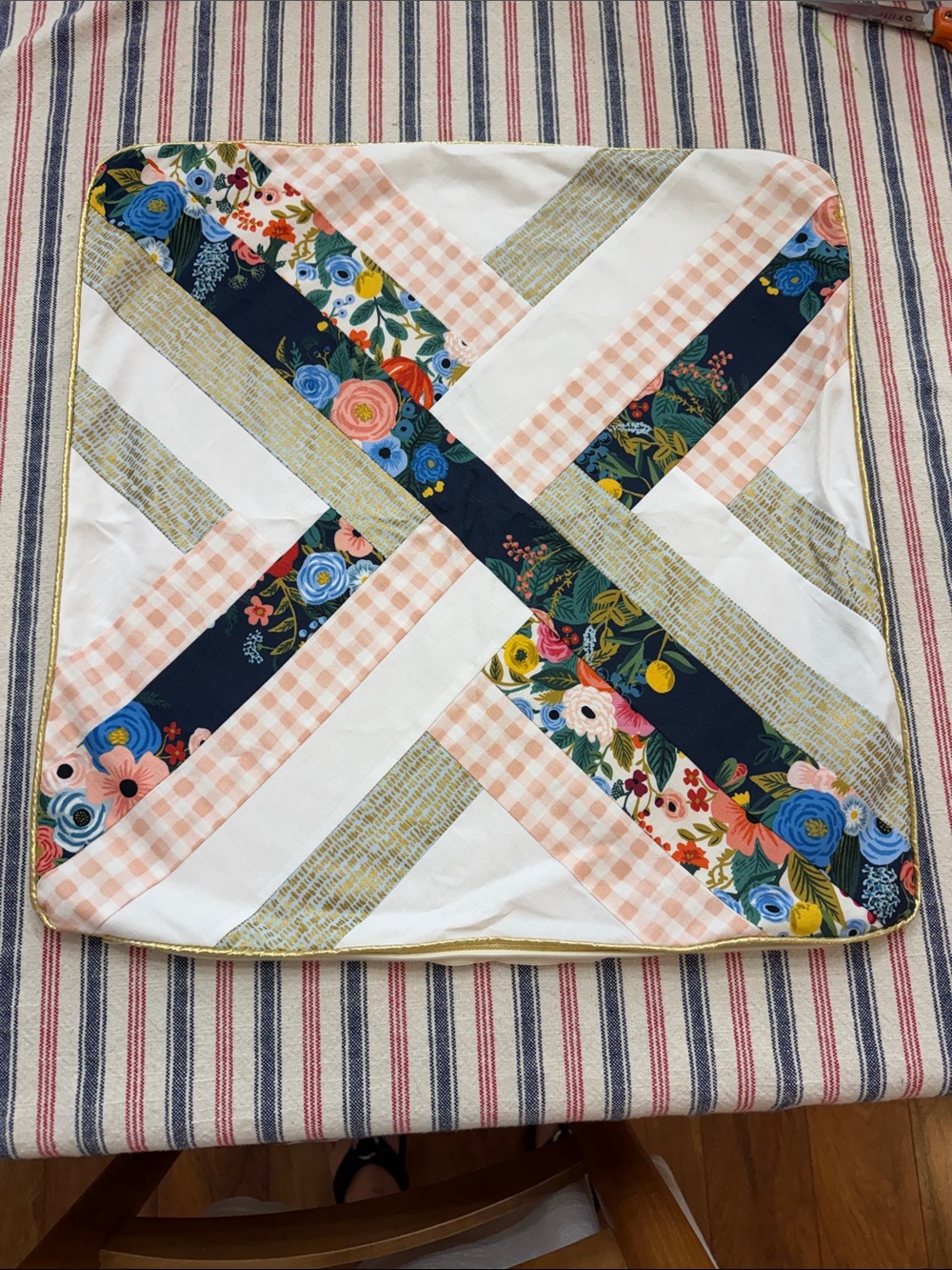 Floral Patchwork Throw Pillow Cover in Navy and Peach